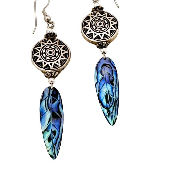 Silver Tone Earrings with Blue Paua Shell Drop - Picture 5 of 5